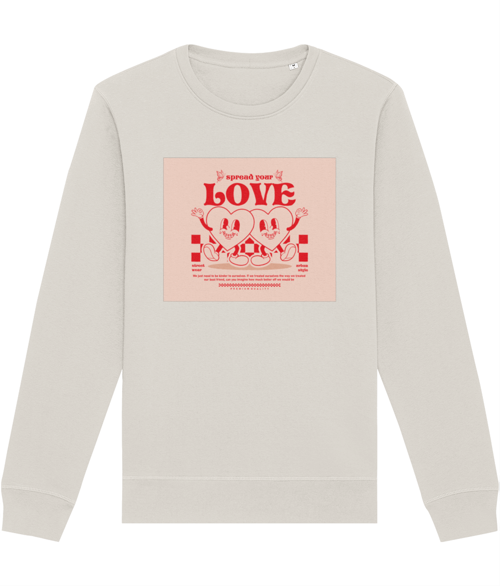 Show love in the Positive 'Spread Your Love' Retro Organic Cotton Sweatshirt—a must for vintage fans!