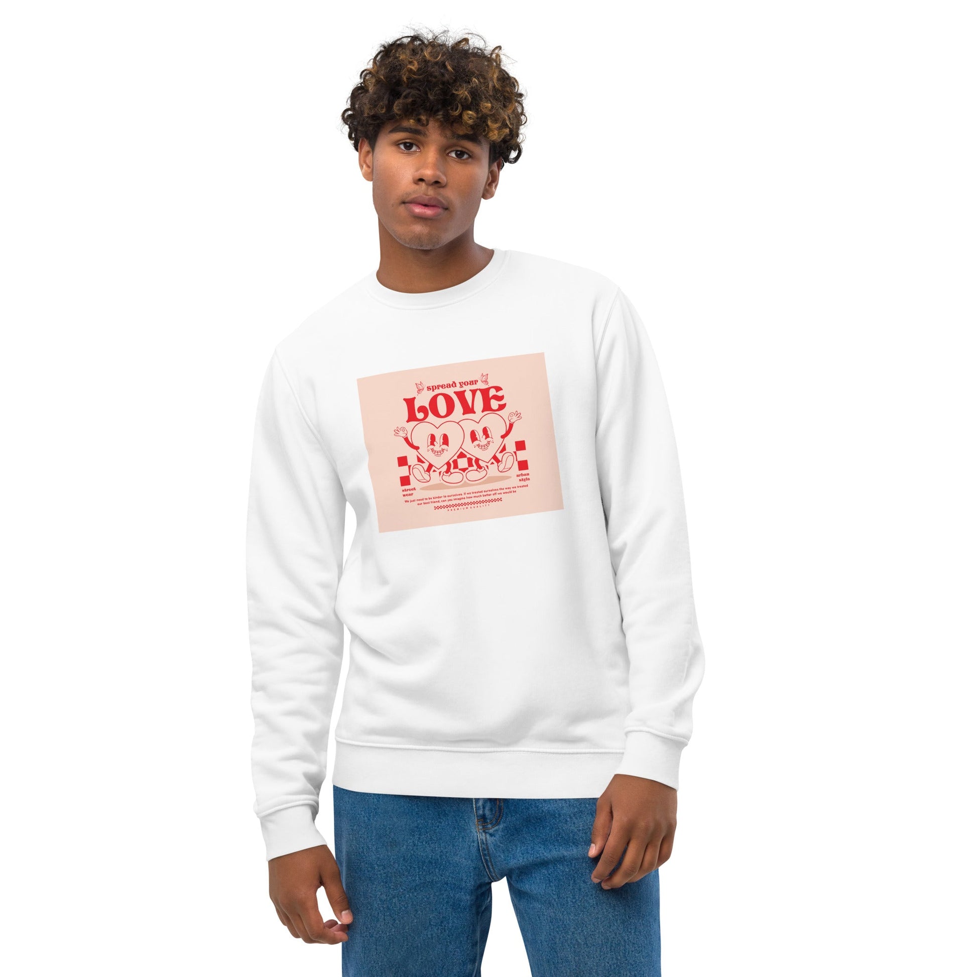 A stylish Positive 'Spread Your Love' Retro Organic Cotton Sweatshirt—perfect for vintage lovers!