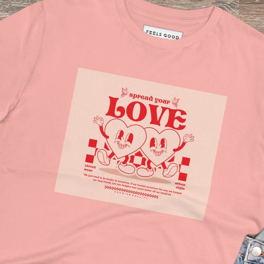 Rock a cool look with the Positive 'Spread Your Love' Retro Organic Cotton T-Shirt – stylish & comfy!