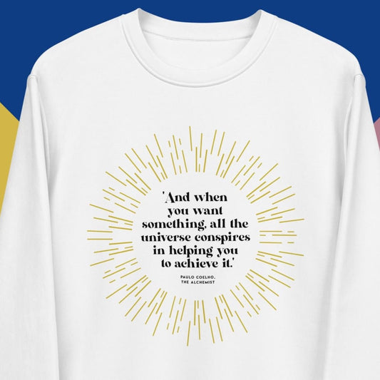 ‘The Alchemist’s’ Paulo Coelho sweatshirt with a stylish quote about the universe