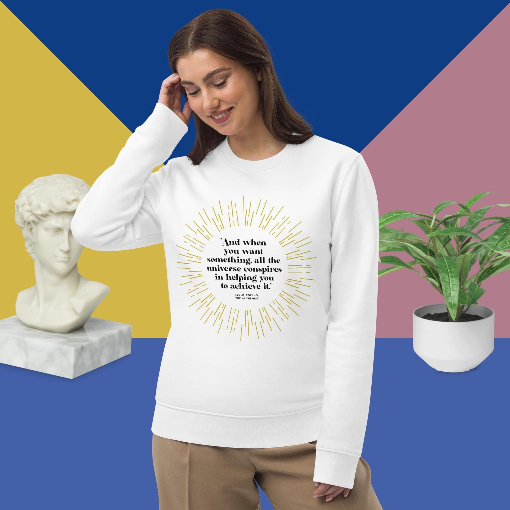 Ethical Paulo Coelho sweatshirt with quotes on the book from ‘The Alchemist’