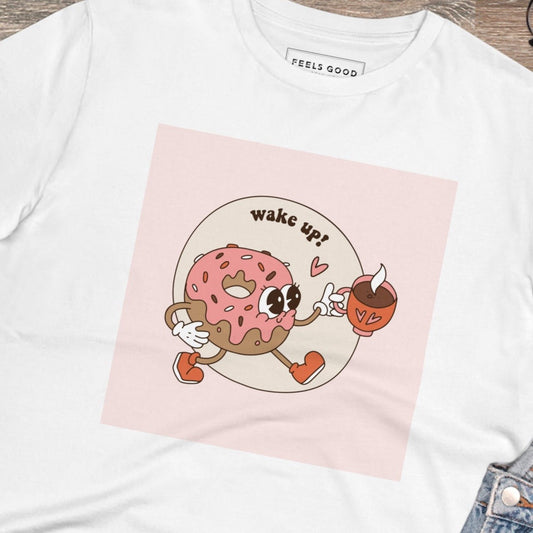 Start your day right with the 'Wake Up' retro organic cotton t-shirt. Fun retro slogan t-shirts.
