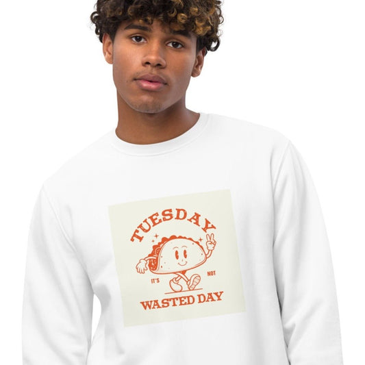 Stay cozy in the 'Wasted Day Tuesday' retro organic cotton Sweatshirt—a must-have vintage piece!