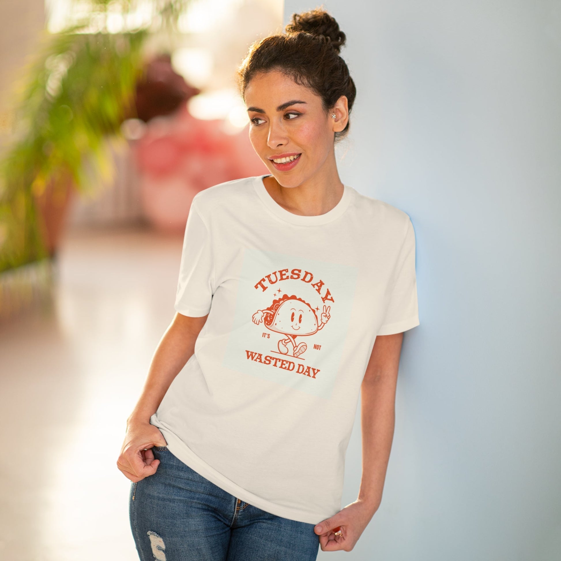 Rock a vintage vibe with the positive 'Wasted Day Tuesday' retro organic cotton t-shirt. Shop now!