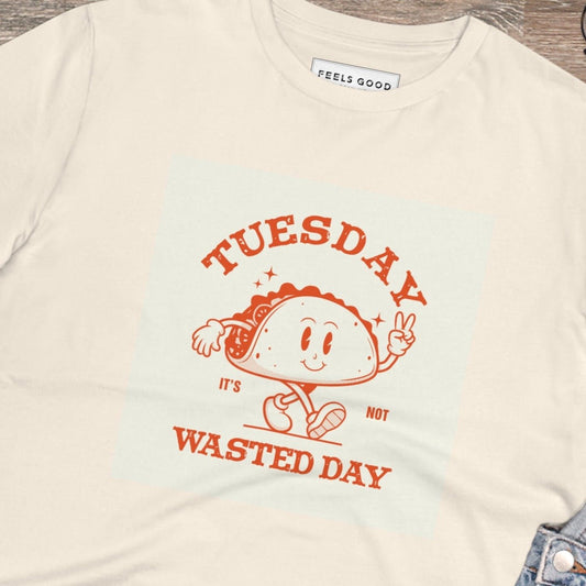Stay stylish with the positive 'Wasted Day Tuesday' retro organic cotton t-shirt. A must-have retro tee!