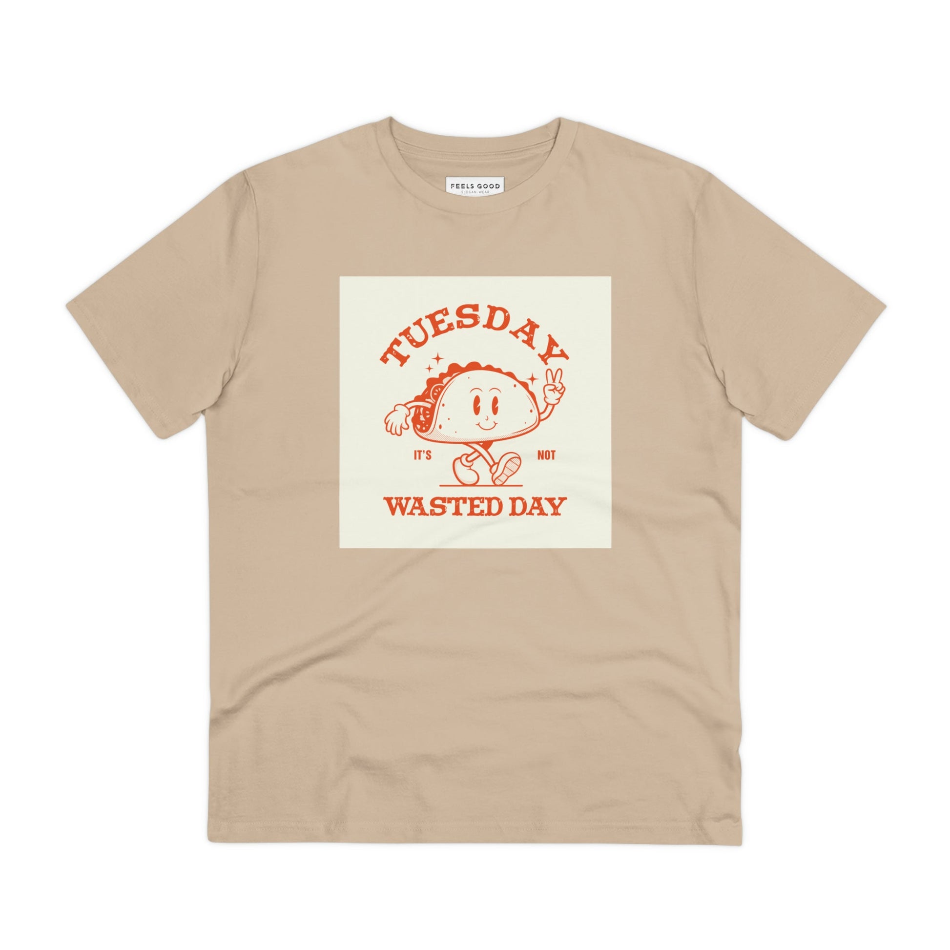 Stand out in retro t shirts for men like the positive 'Wasted Day Tuesday' retro organic cotton t-shirt!