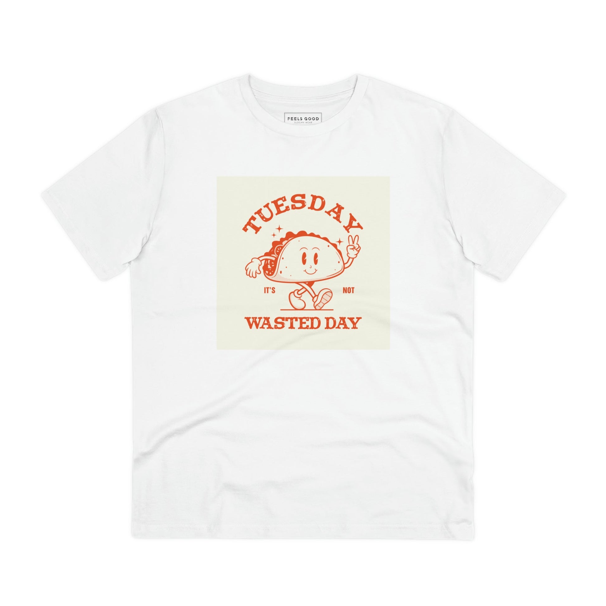 The positive 'Wasted Day Tuesday' retro organic cotton t-shirt is a must-have retro tshirt for men.