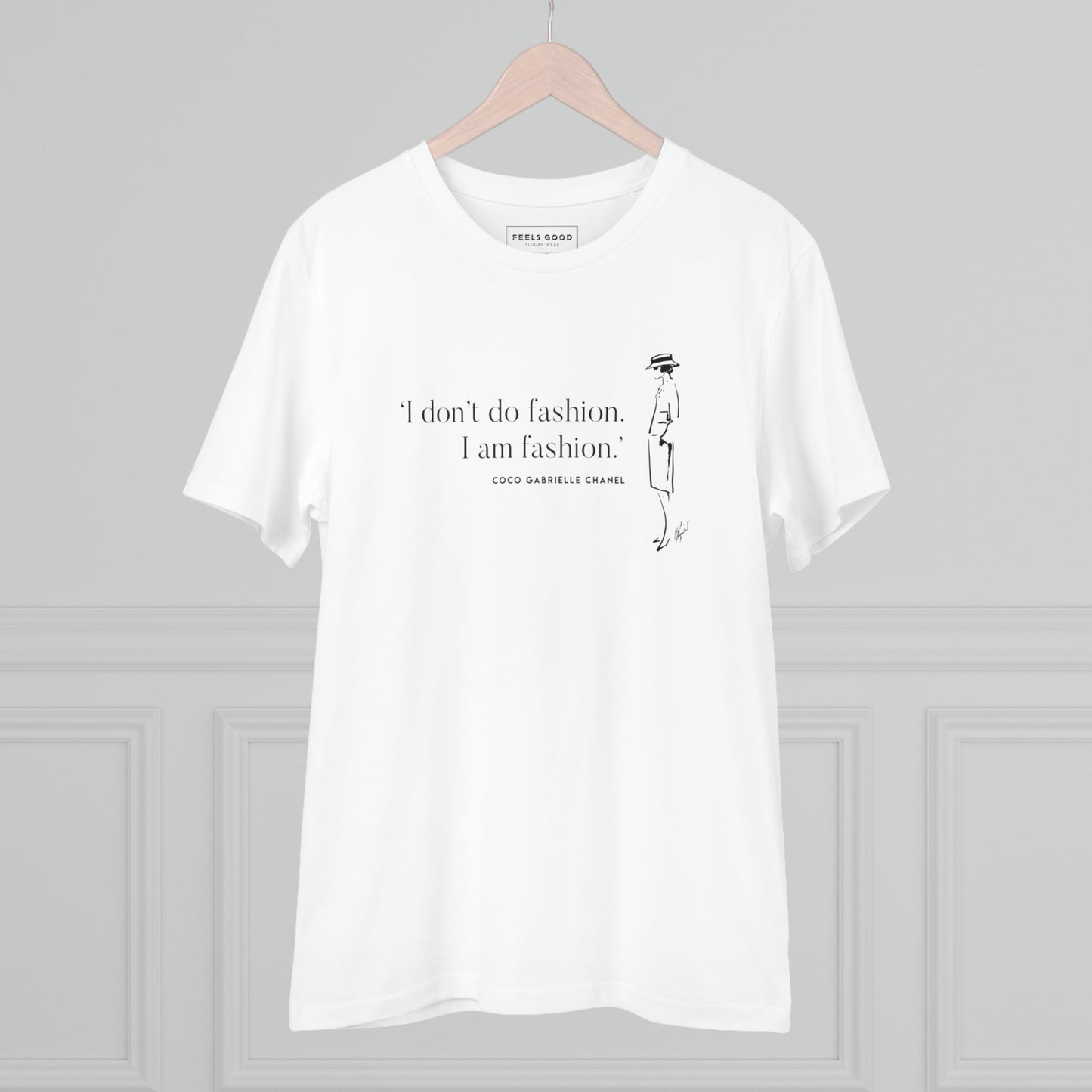 Designer-inspired Quotes 'I Am Fashion' Coco organic cotton t-shirt, perfect for Chanel t shirt style.
