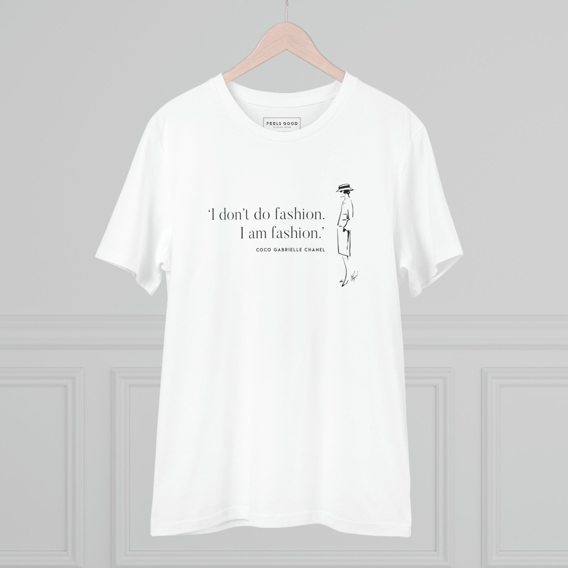 Designer-inspired Quotes 'I Am Fashion' Coco organic cotton t-shirt, perfect for Chanel t shirt style.
