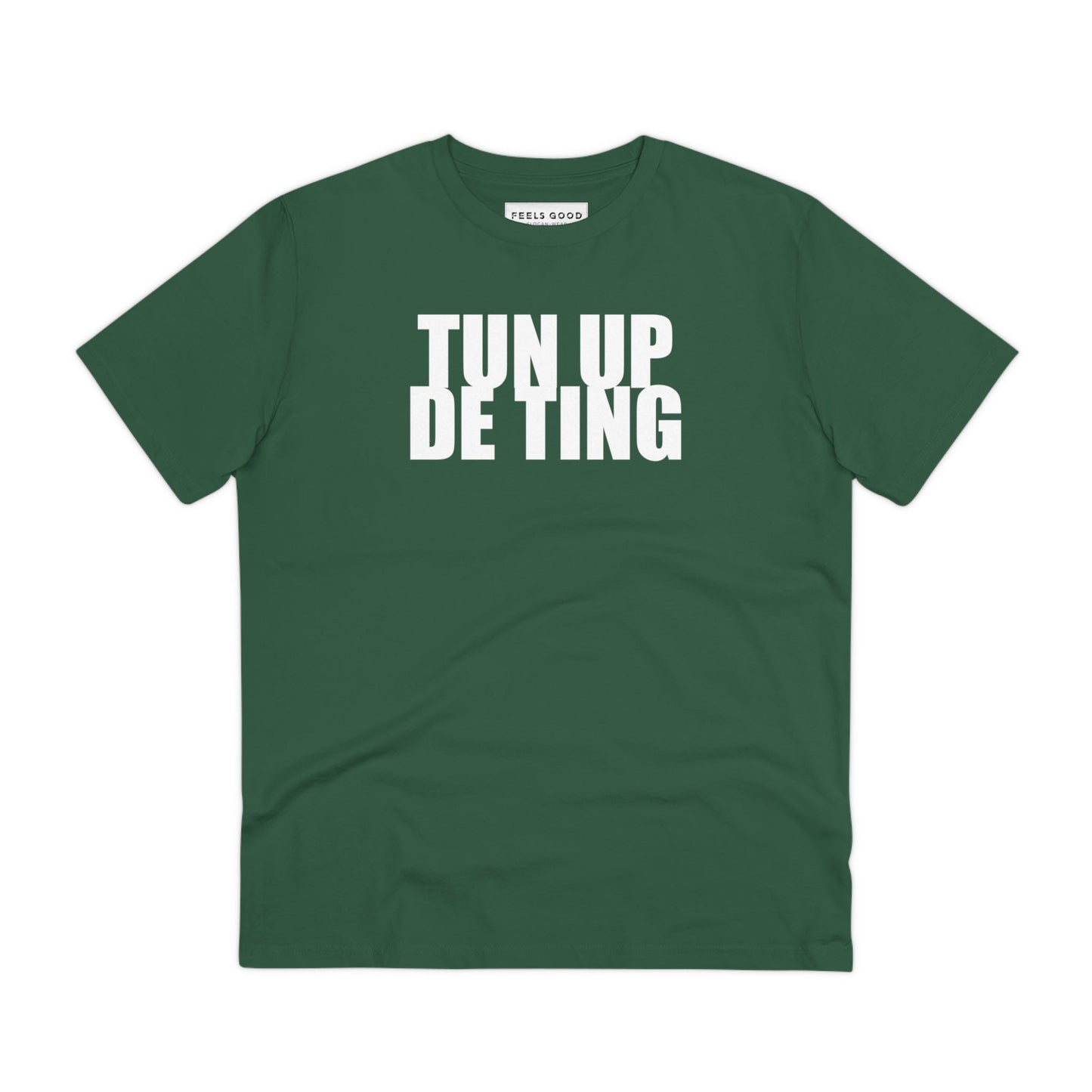 Streetwear-ready reggae t-shirt with 'Turn It Up' message in eco cotton.

