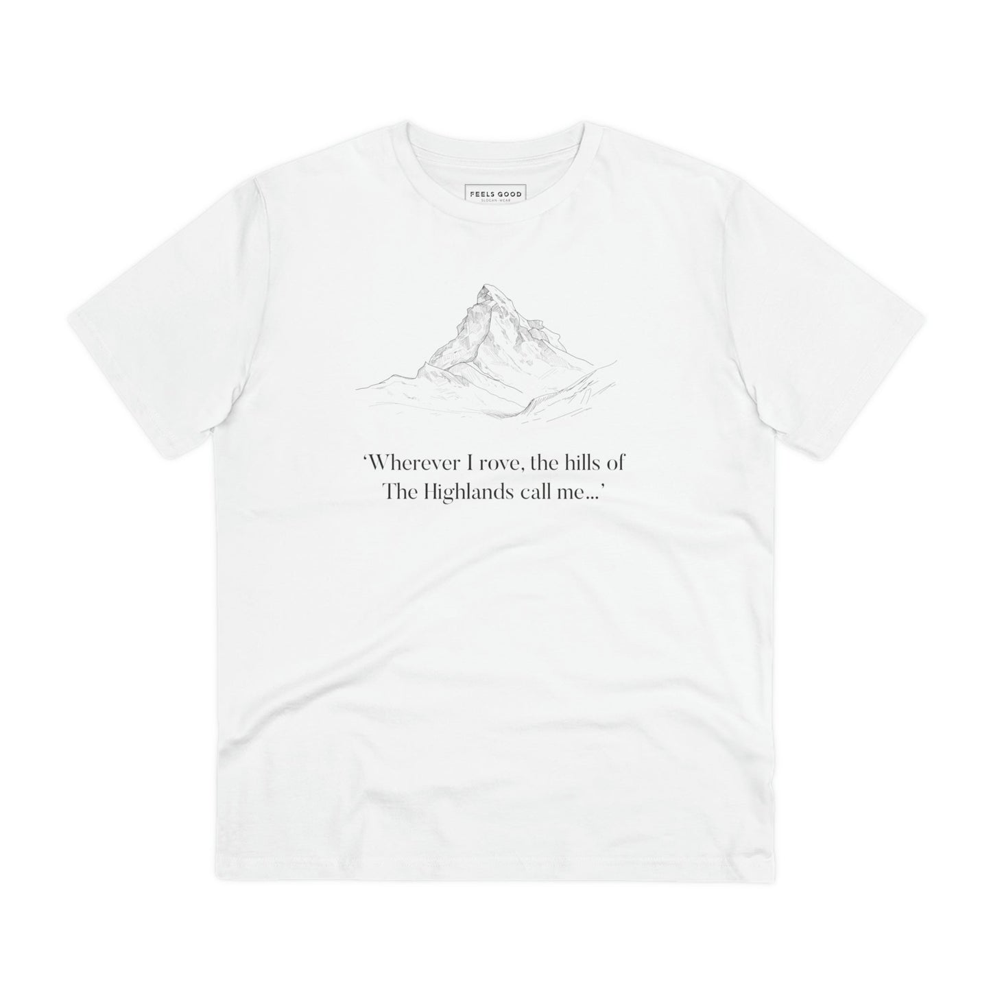 Enjoy soft, sustainable Scottish clothing with the Scotland 'Hills Of The Highlands' organic cotton t-shirt.