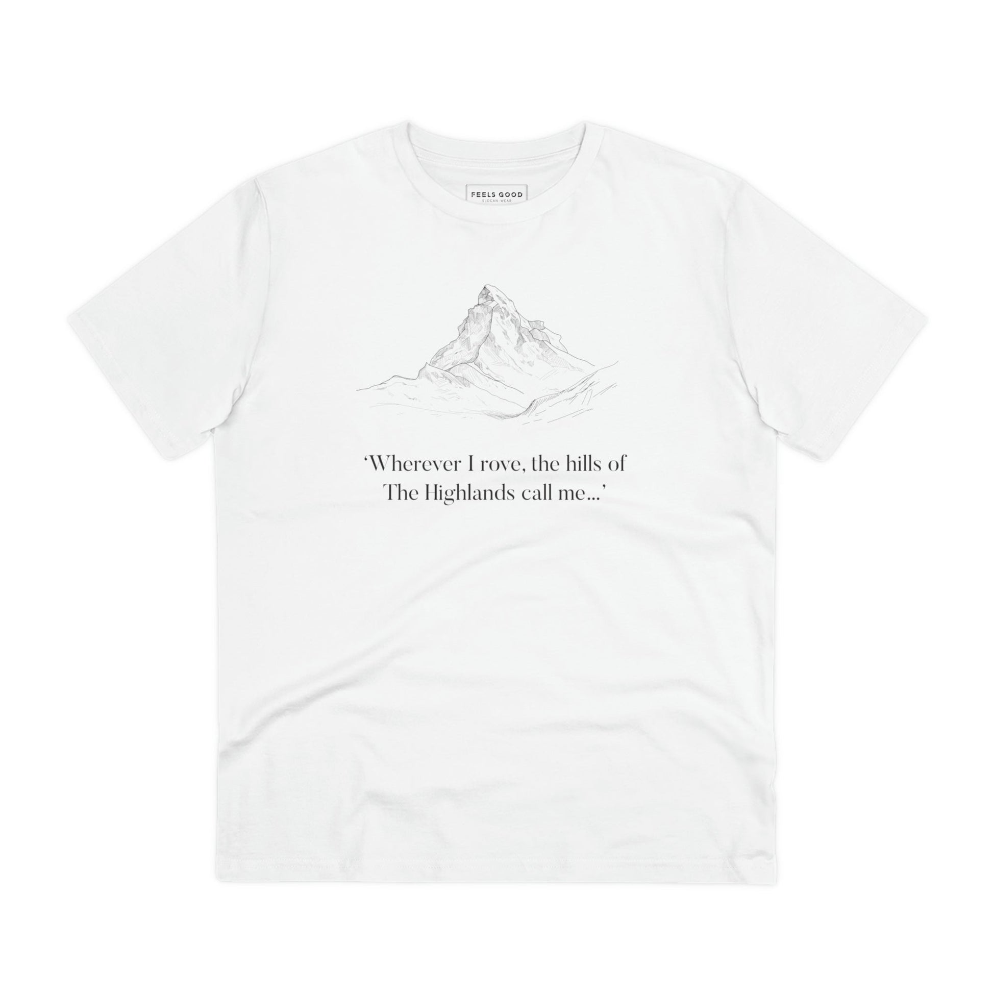 Enjoy soft, sustainable Scottish clothing with the Scotland 'Hills Of The Highlands' organic cotton t-shirt.