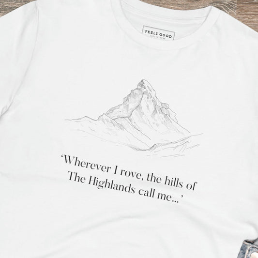 Wear the Scotland 'Hills Of The Highlands' organic cotton t-shirt—a perfect piece of Scotts clothing.