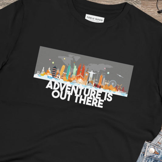 The Travel 'Adventure Is Out There' organic cotton t-shirt is the best outdoor tshirt for adventure.