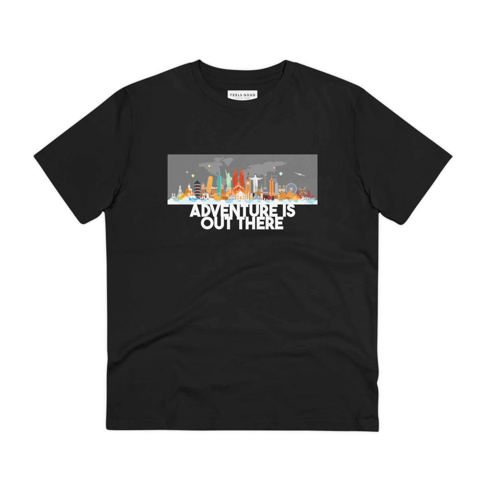 Get inspired with travel slogans—wear the Travel 'Adventure Is Out There' organic cotton t-shirt.