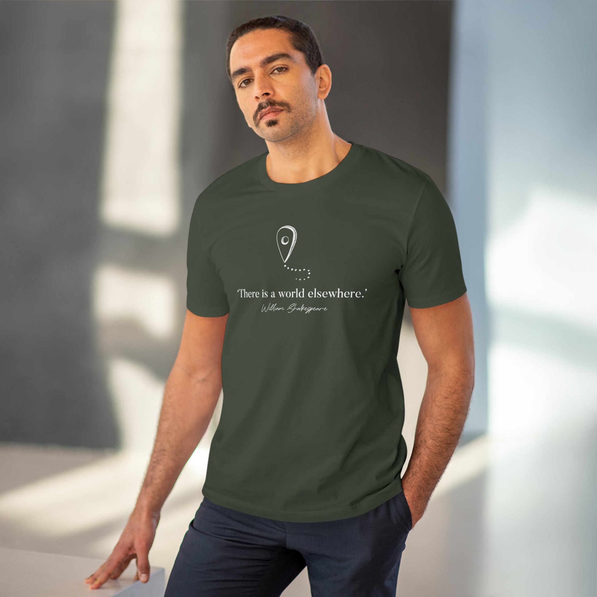 The Travel 'World Elsewhere' Shakespeare organic cotton t-shirt, ideal travel clothing for men.