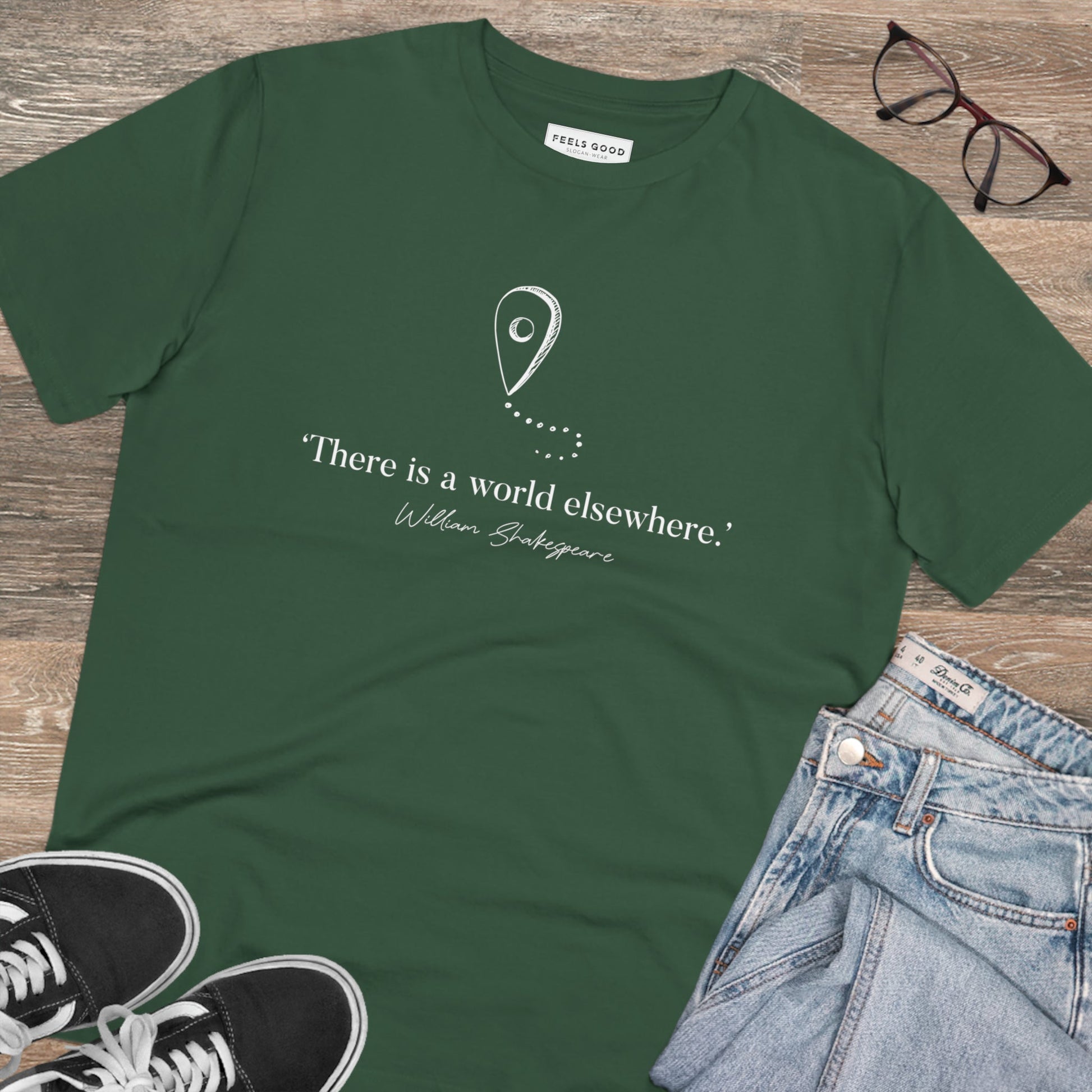 Adventure begins with the Travel 'World Elsewhere' Shakespeare organic cotton t-shirt, for explorers.