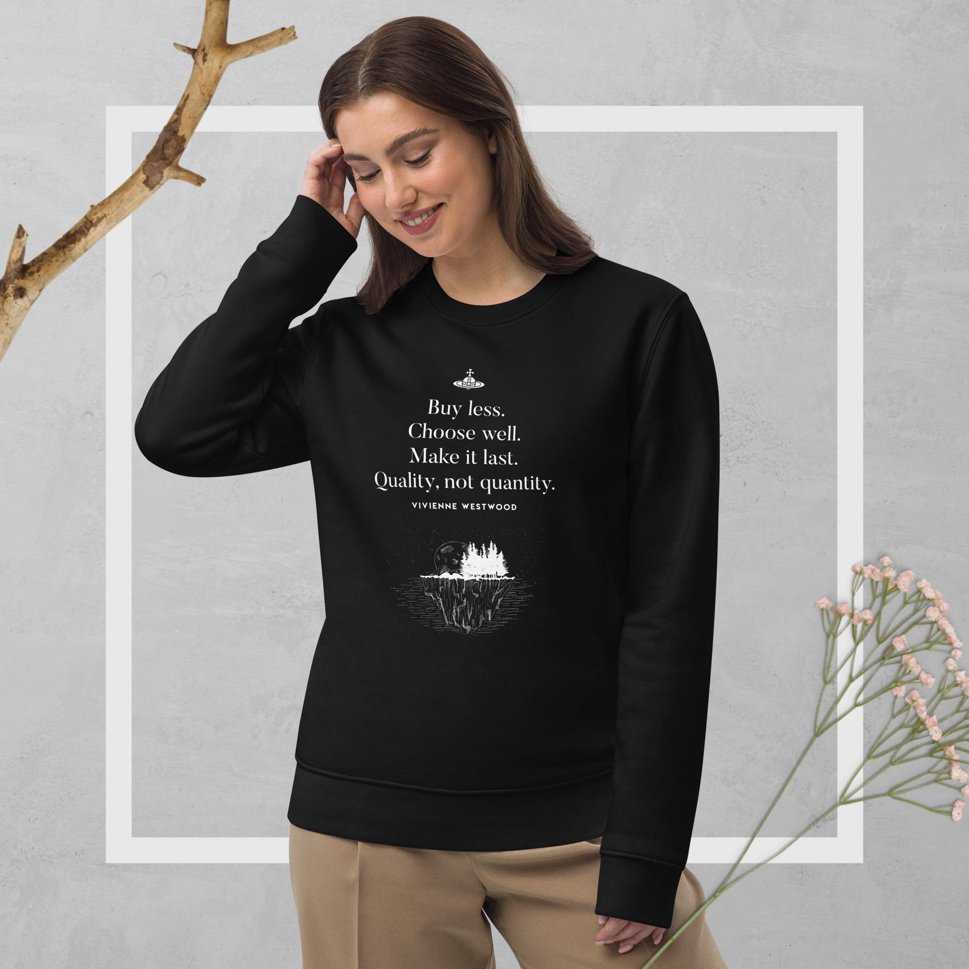 Make a statement with the climate change 'Buy Less' Vivienne organic cotton sweatshirt—shop now!