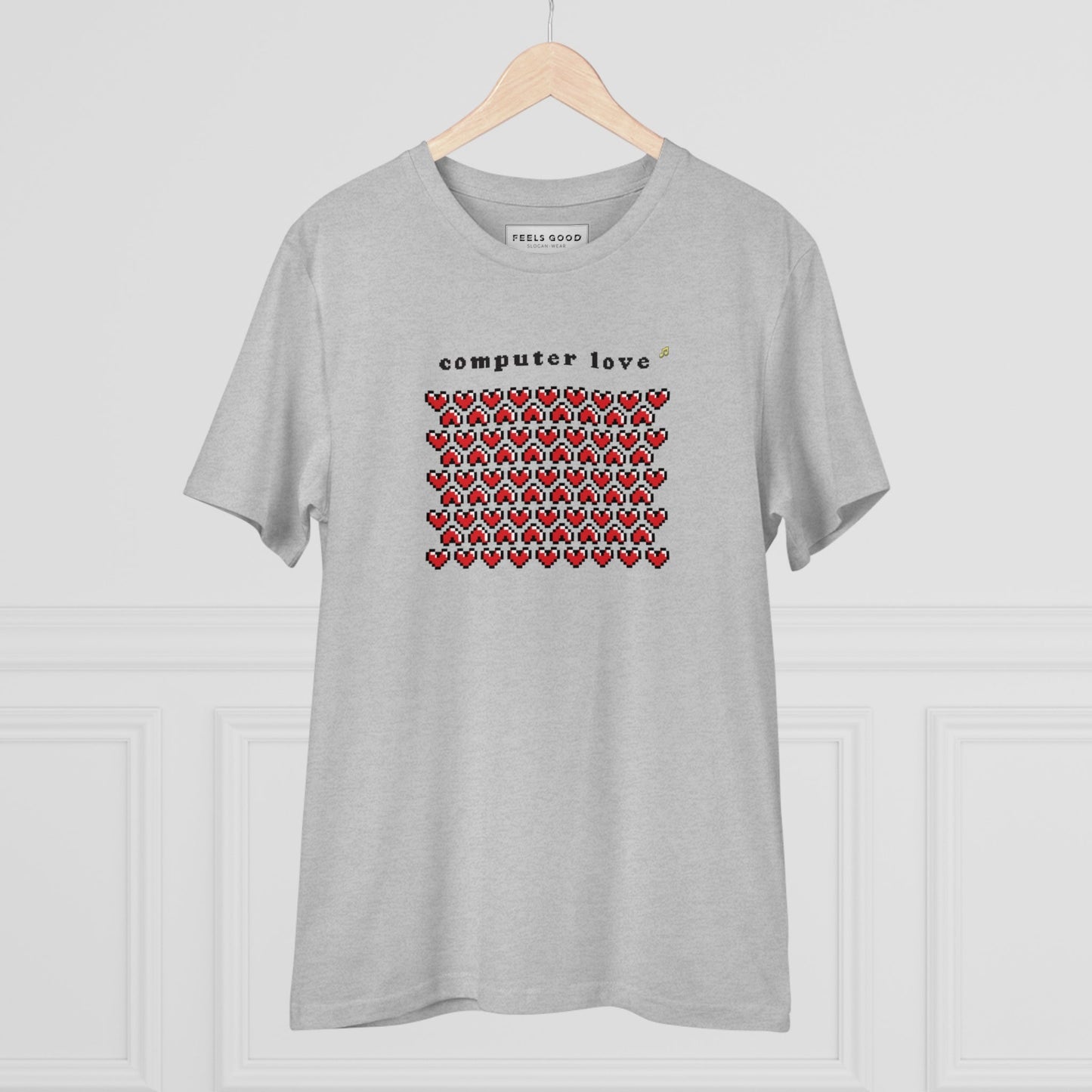 Urban 'Computer Love' Organic Cotton T-shirt, featuring music notes and a bold design.


