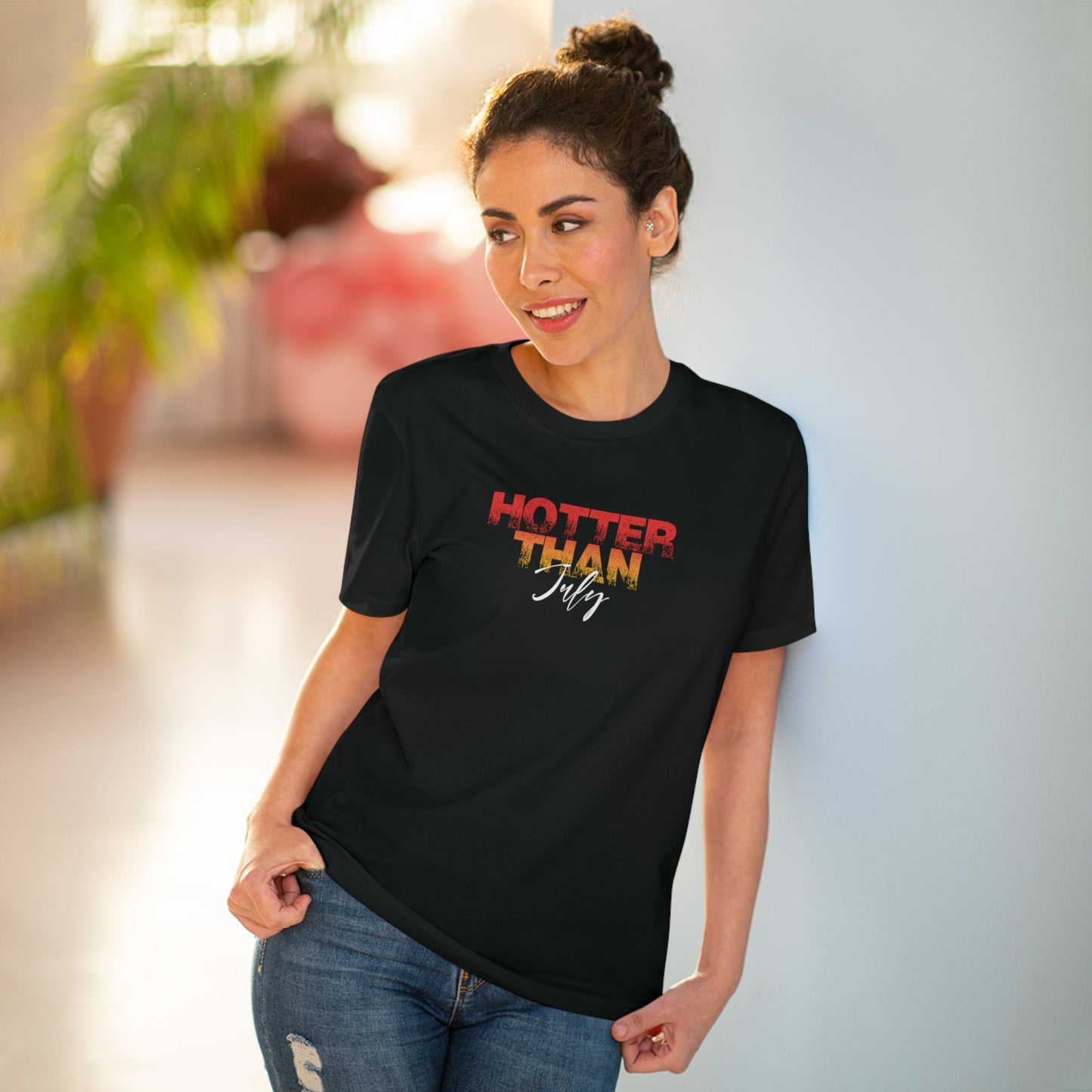 Urban 'Hotter Than July' organic cotton t-shirt with bold summer-inspired design.

