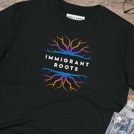 Best selling urban tee: 'Immigrant Roots' organic cotton.
