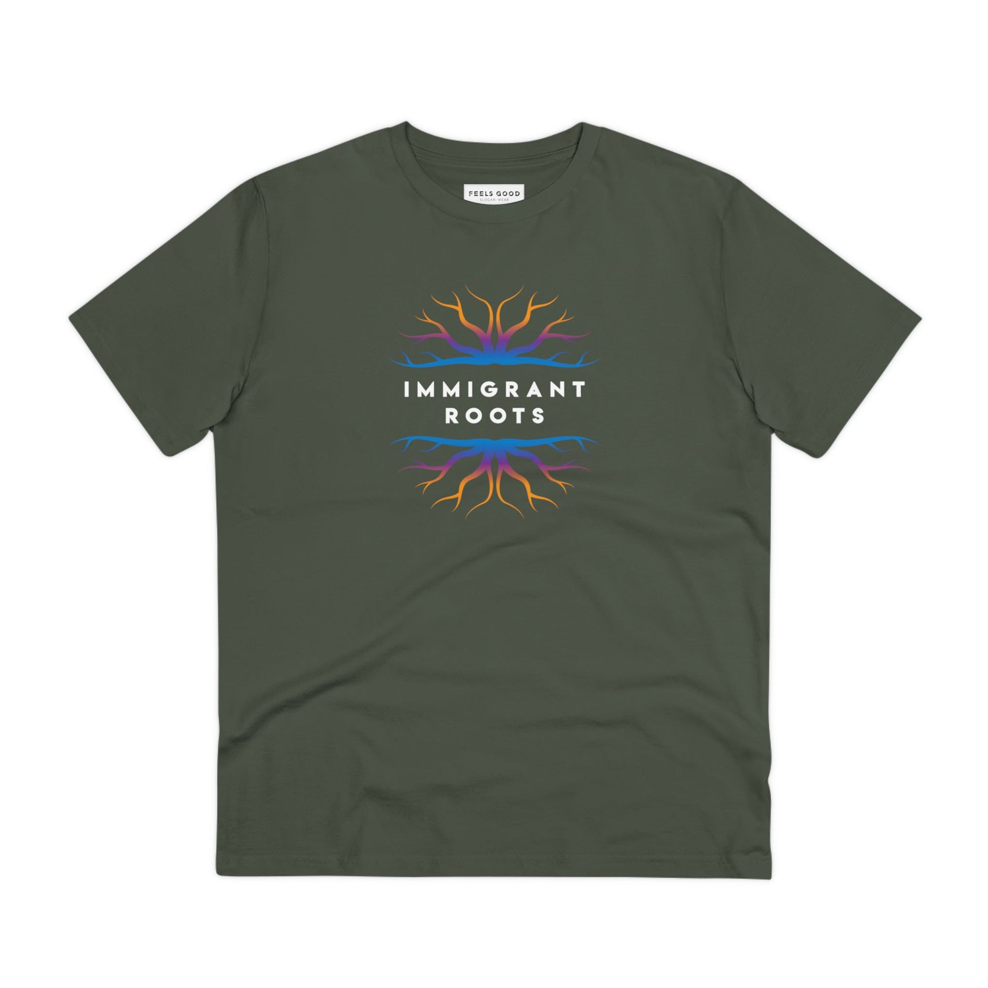 Organic best t-shirt: 'Immigrant Roots' cotton tee.
