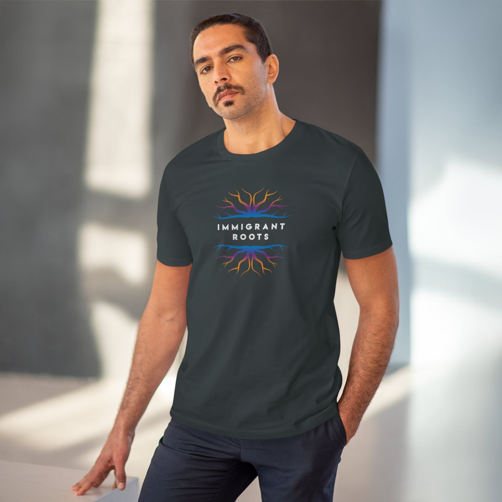 Positive thinking day tee: 'Immigrant Roots' organic cotton.
