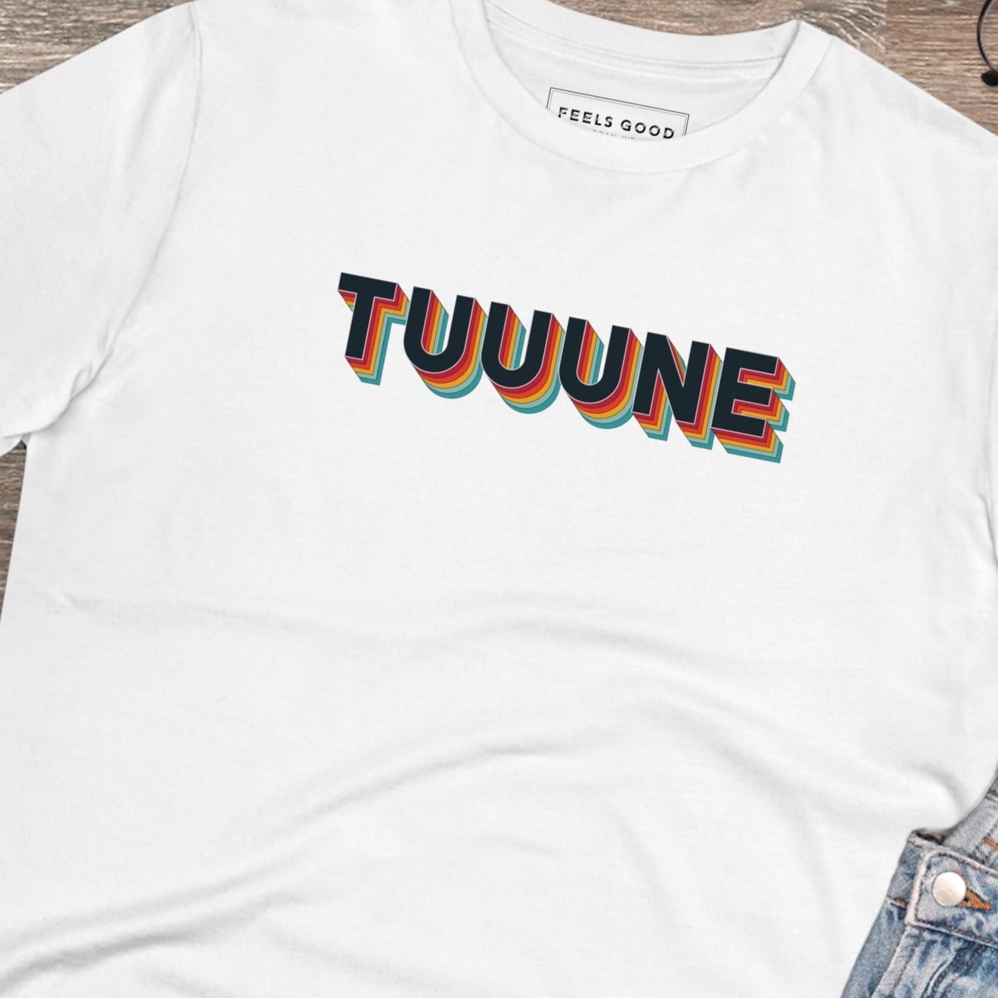Urban 'Tuuuuune' Organic Cotton T-shirt, a music-inspired streetwear tee for modern fashion.

